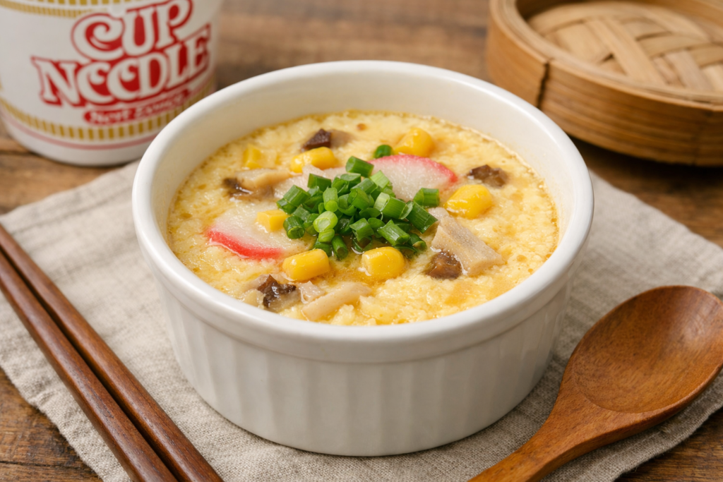 カップヌードルの残り汁を使って作った茶碗蒸し風アレンジ。卵がふんわり固まり、具材と一緒に白い器に盛り付けられている
