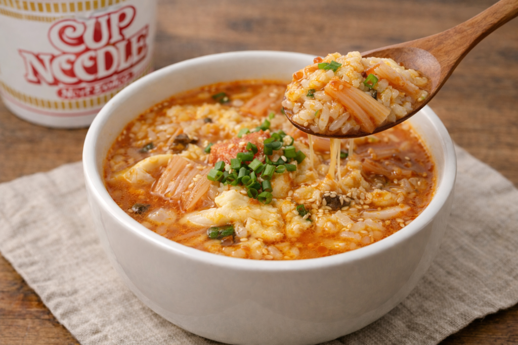 カップヌードルの残り汁を活用したクッパ風アレンジ。ご飯と卵、キムチが入ったピリ辛スープをスプーンですくっている