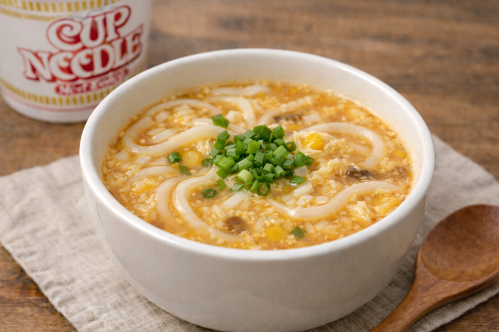 カップヌードルの残り汁に冷凍うどんを少量入れた〆うどん風アレンジ。スープにうどんが絡んだ様子