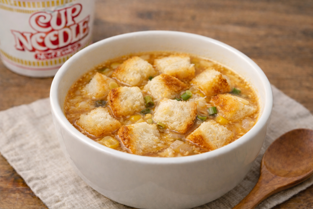 カップヌードルの残り汁にトーストした食パンを浸したスープ浸しアレンジ。一口サイズのパンがスープを吸っている