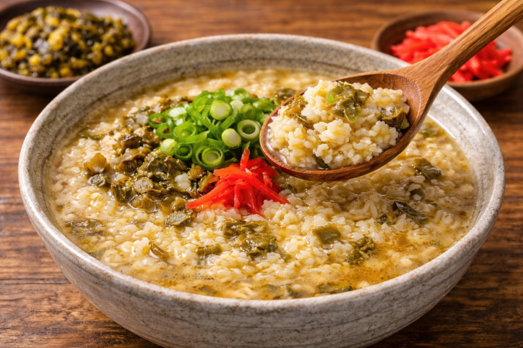 うまかっちゃん高菜風味の豚骨スープにご飯を入れて楽しむ〆の高菜豚骨アレンジ
