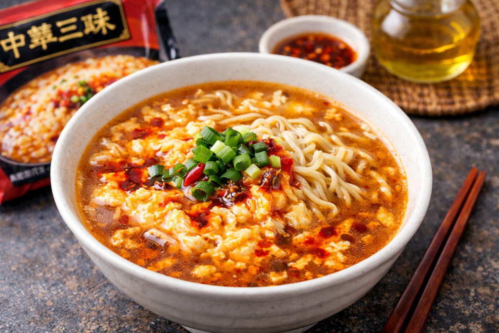 中華三昧の酸辣湯麺に卵とラー油を加えたアレンジで、ふんわり卵と赤いラー油が浮かぶ本格的な酸辣湯麺の完成イメージ