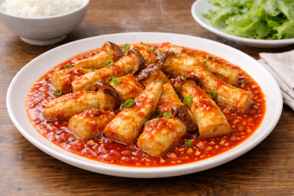 エビチリの代わりに輪切りにしたエリンギをチリソースで炒め煮にした中華風料理の写真