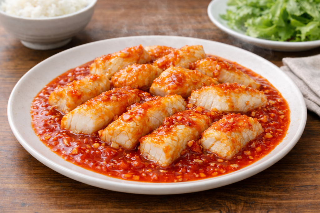 エビチリの代わりに白身魚を揚げ焼きにしてチリソースで絡めた中華風おかずの写真