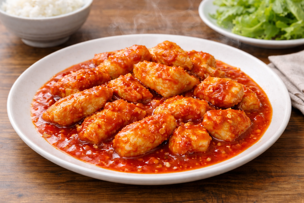 エビチリの代わりに鶏肉を揚げ焼きにして甘辛いチリソースを絡めた鶏チリの盛り付け