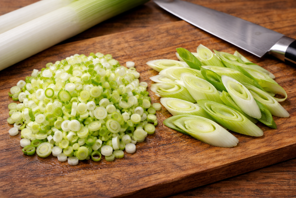 細かい小口切りと斜め薄切りにした白ネギをまな板の上に並べた様子