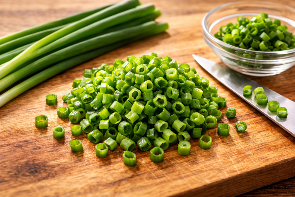 細かく小口切りにした青ネギをまな板の上に盛った様子