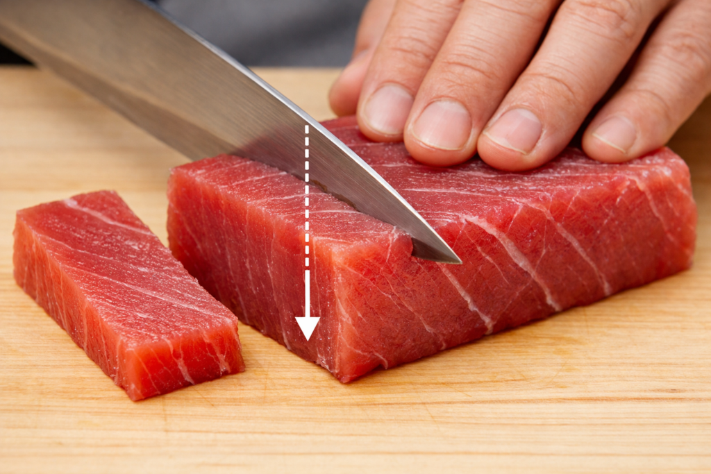 手巻き寿司の刺身の切り方｜マグロの赤身を筋に対して垂直に包丁を入れて切っている様子