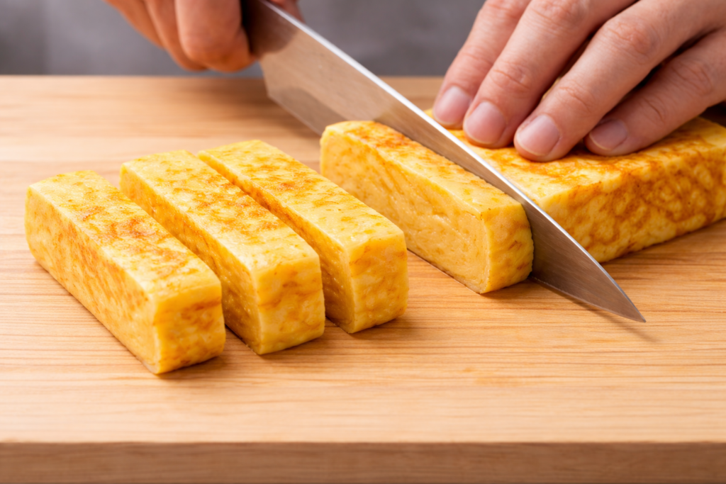 手巻き寿司のネタの切り方｜卵焼きを手巻き寿司用に太めの棒状に切り分けている様子