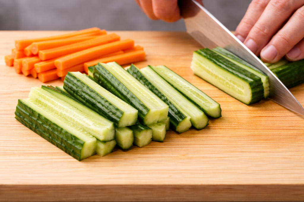 手巻き寿司のネタの切り方｜きゅうりとにんじんを手巻き寿司用にスティック状に切っている様子