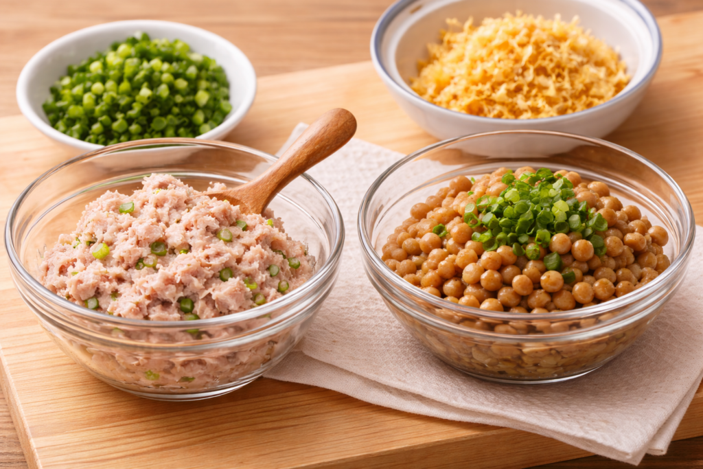 手巻き寿司のネタの切り方｜ツナと納豆を手巻き寿司用にボウルで下準備している様子