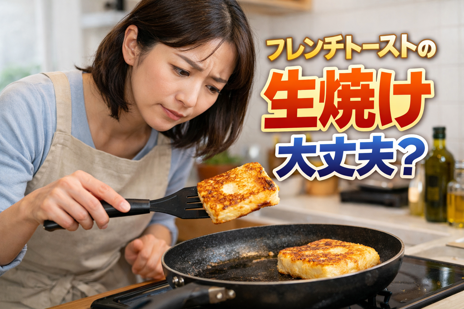 フライパンで焼いたフレンチトーストをフライ返しで持ち上げ、焼き加減を確認している30代日本人女性のキッチン風景