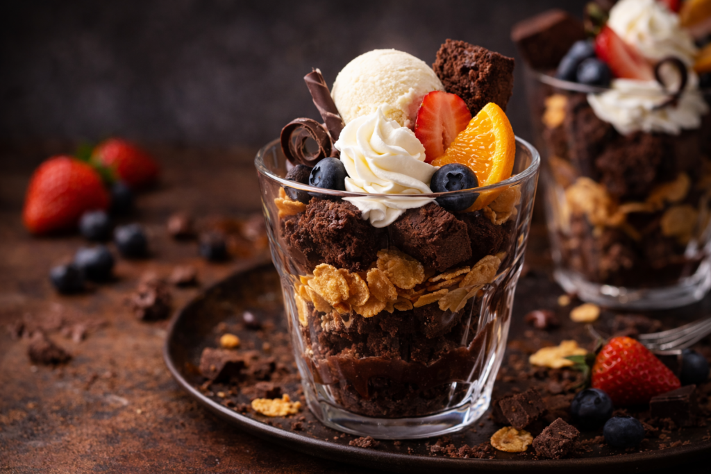 焼きすぎたガトーショコラをカットしてアイスやフルーツと盛り付けたガトーショコラパフェ