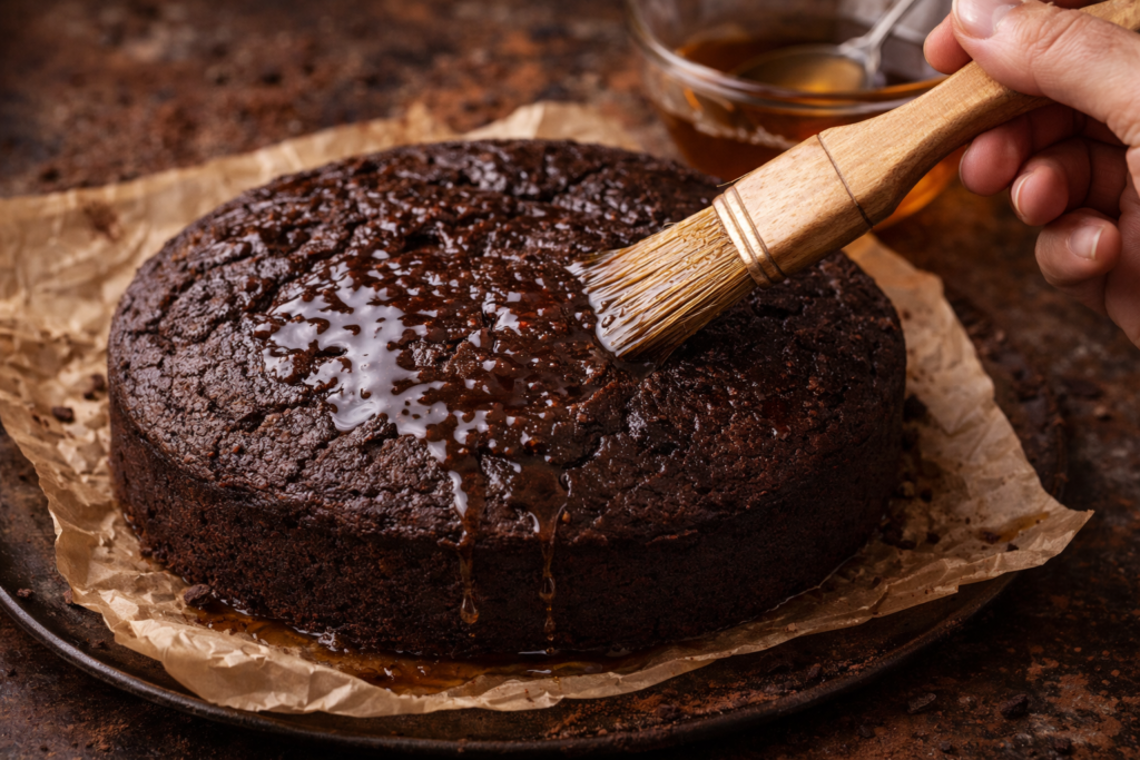 焼きすぎて固くなったガトーショコラにシロップを塗ってしっとりさせている様子