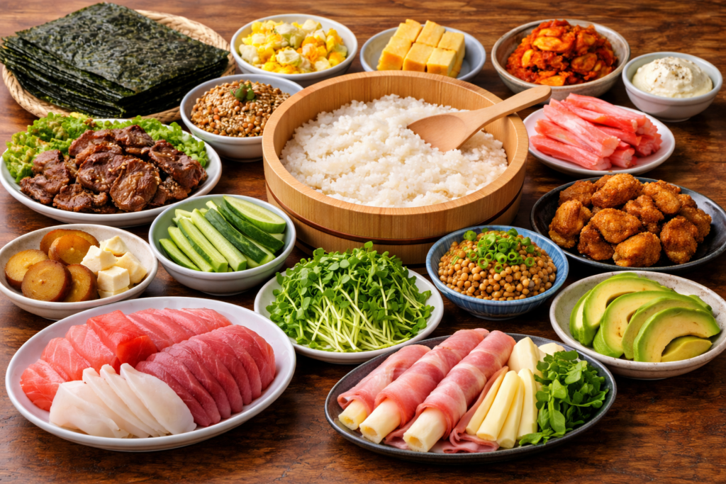 手巻き寿司の具材が並んだ食卓の俯瞰写真。酢飯の桶を中心に、まぐろやいかの刺身、焼肉、から揚げ、ツナ、卵焼き、アボカド、きゅうり、かいわれ大根、ハムチーズ、海苔などが小皿に分けて配置されている。