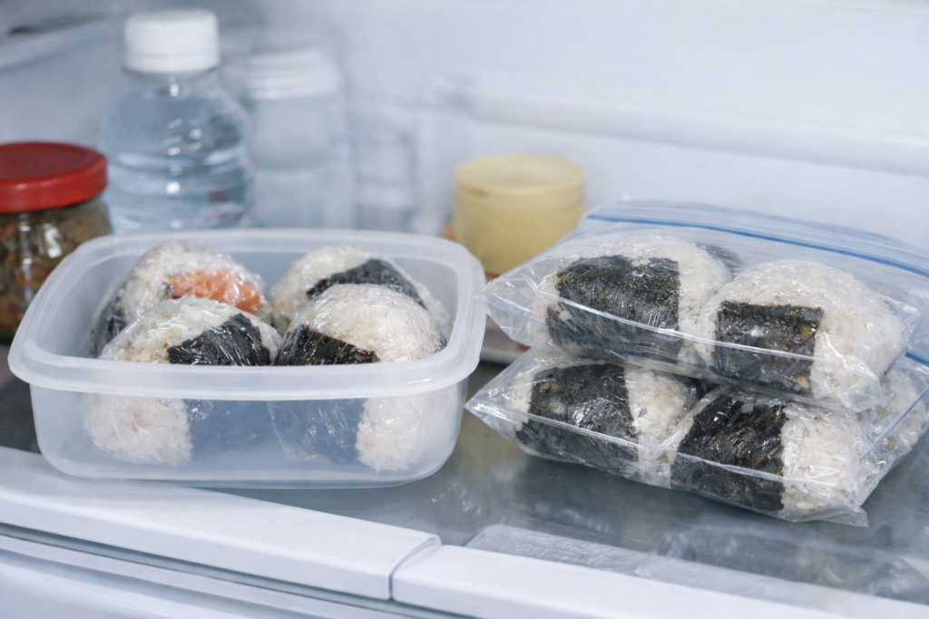 前日に作ったおにぎりをラップで包み、保存容器に入れて冷蔵庫で保管している様子