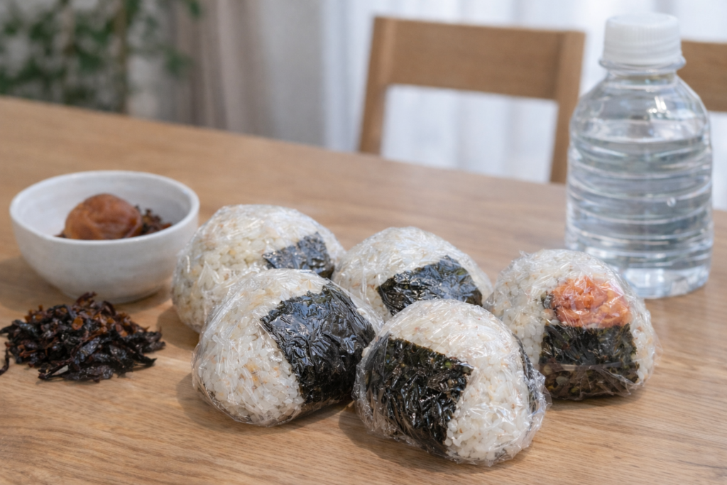 家庭のダイニングテーブルの上に、ラップで包んだおにぎりを常温で置いている様子