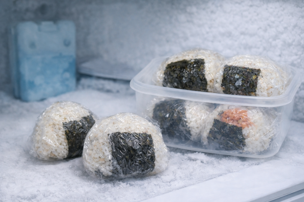 ラップで包んだおにぎりを保存容器に入れ、冷凍庫で作り置き保存している様子