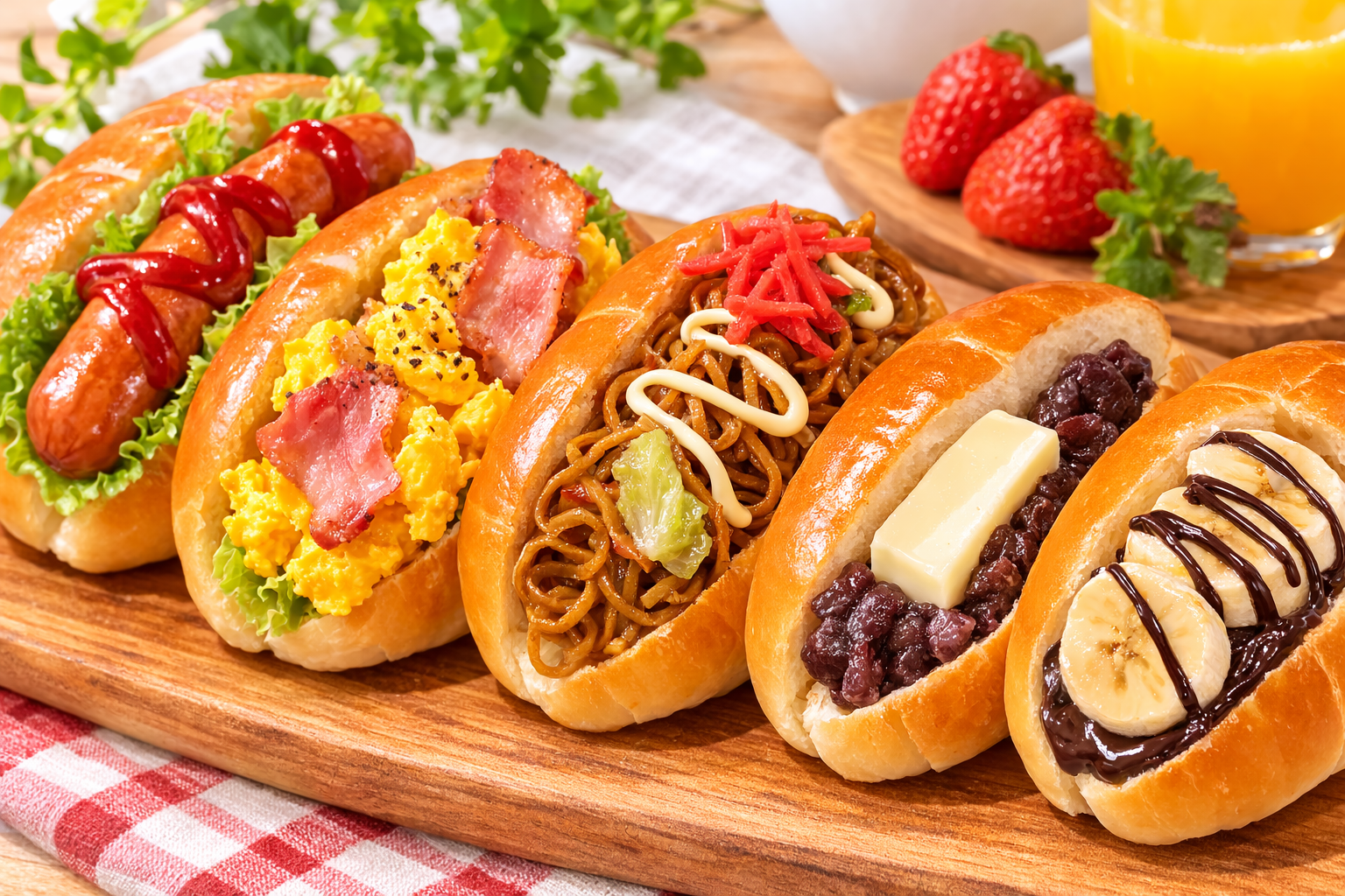 ソーセージ・スクランブルエッグベーコン・焼きそば・あんバター・バナナチョコのバターロールサンド5種類