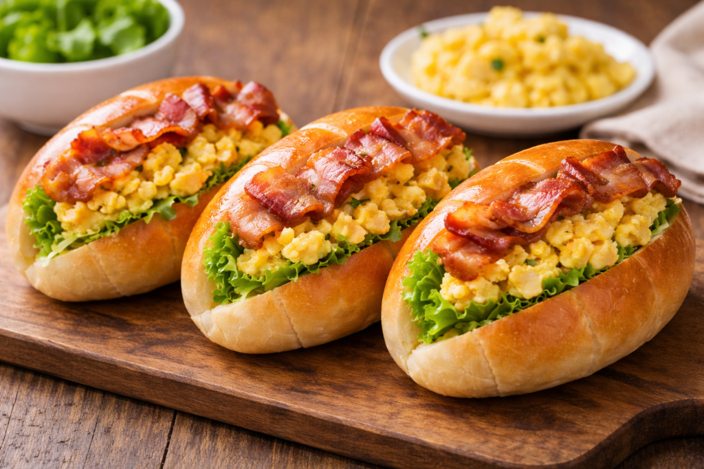 スクランブルエッグとベーコンを挟んだ朝食向けのバターロールサンド