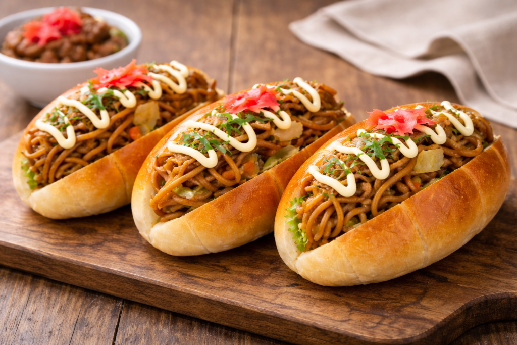 焼きそばとマヨネーズを挟んだ焼きそばバターロールサンド