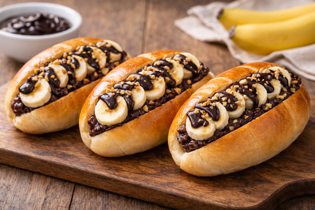 バナナとチョコソースを挟んだスイーツ系のバターロールサンド