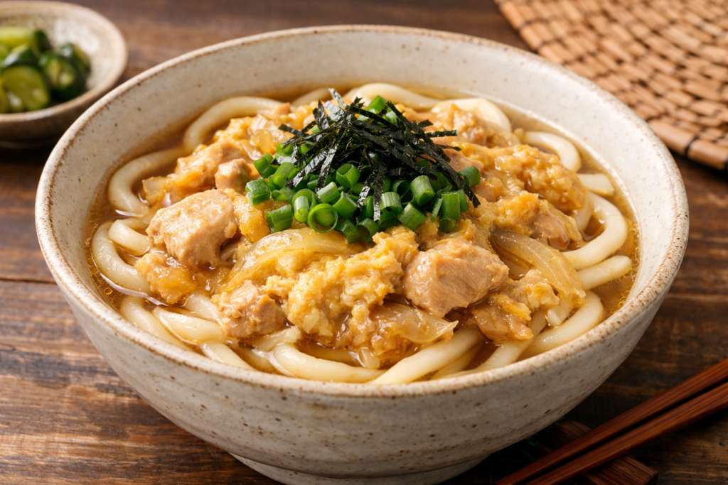 親子丼の残りをのせた親子うどんの完成イメージ（鶏肉・卵・ネギ・海苔トッピング）