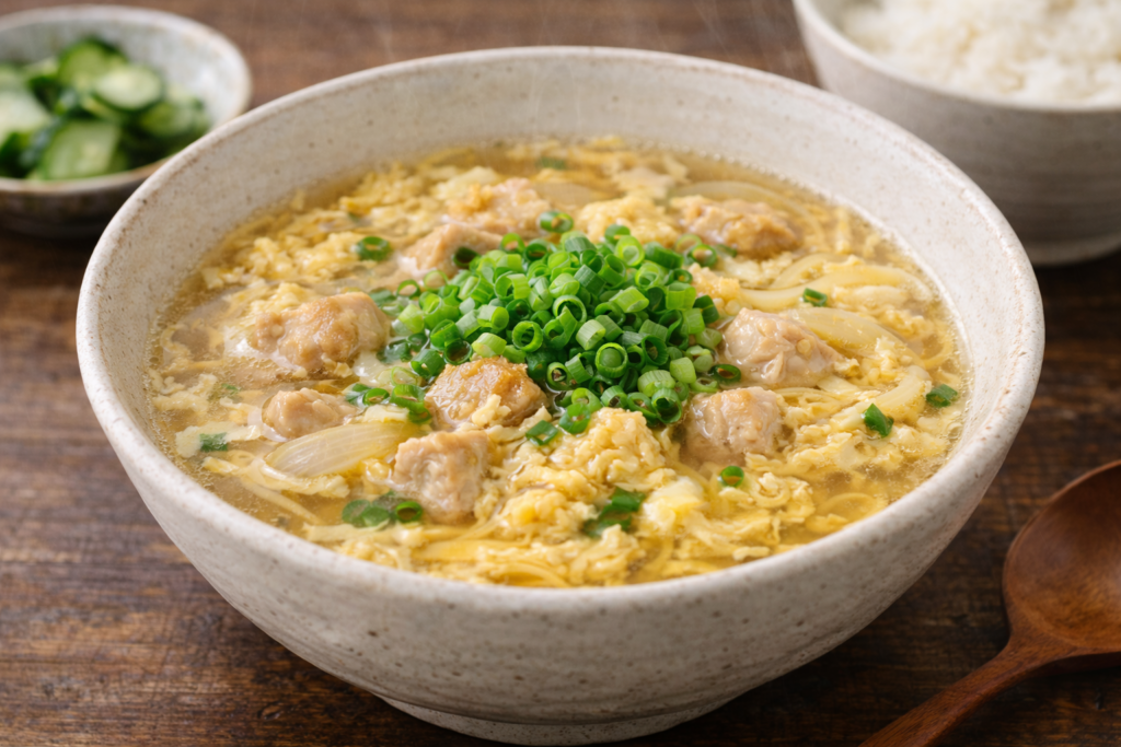 親子丼の具を加えた具だくさん卵スープの横長写真（鶏肉・野菜入り）