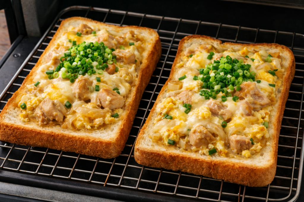 親子丼の具とチーズをのせて焼いた和風トースト