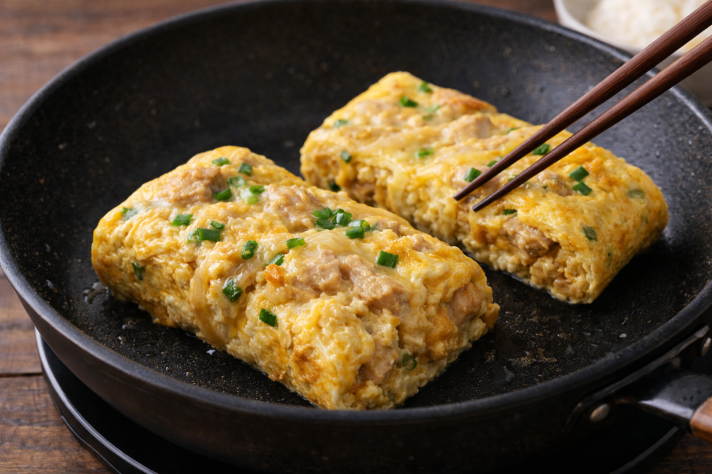 親子丼の具を混ぜ込んだ具だくさん卵焼き風アレンジの調理風景