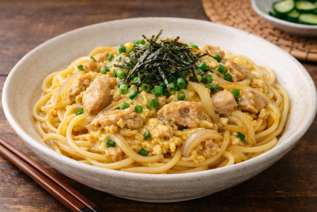 親子丼の具を混ぜ込んだ具だくさんパスタアレンジ
