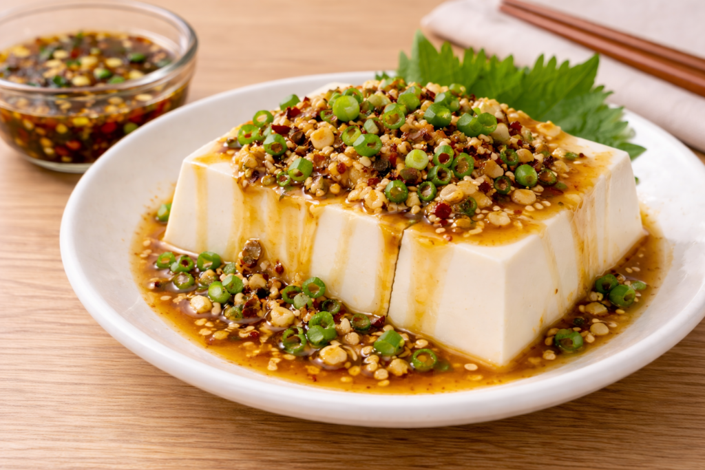 油淋鶏のたれをかけた豆腐のさっぱりした副菜