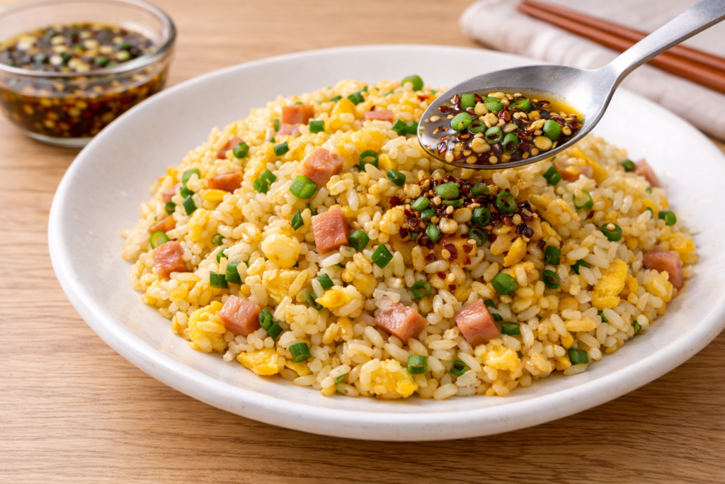 油淋鶏のたれを仕上げに加えた炒飯