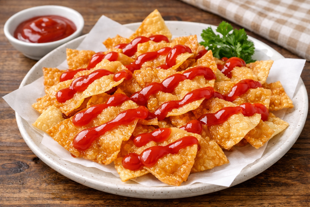 餃子の皮の余りを揚げてケチャップをかけた、パリパリ食感の簡単おつまみアレンジ