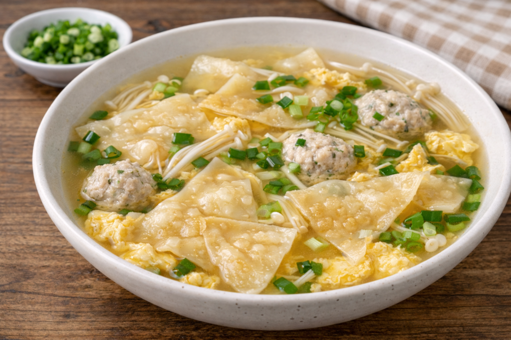 餃子の皮の余りを三角に切って中華スープの具にした、ワンタン風アレンジ料理