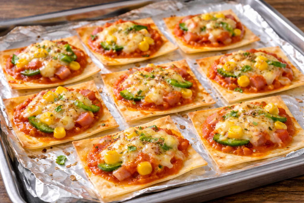 餃子の皮の余りを使ったピザ風アレンジで、トースター調理したミニピザ