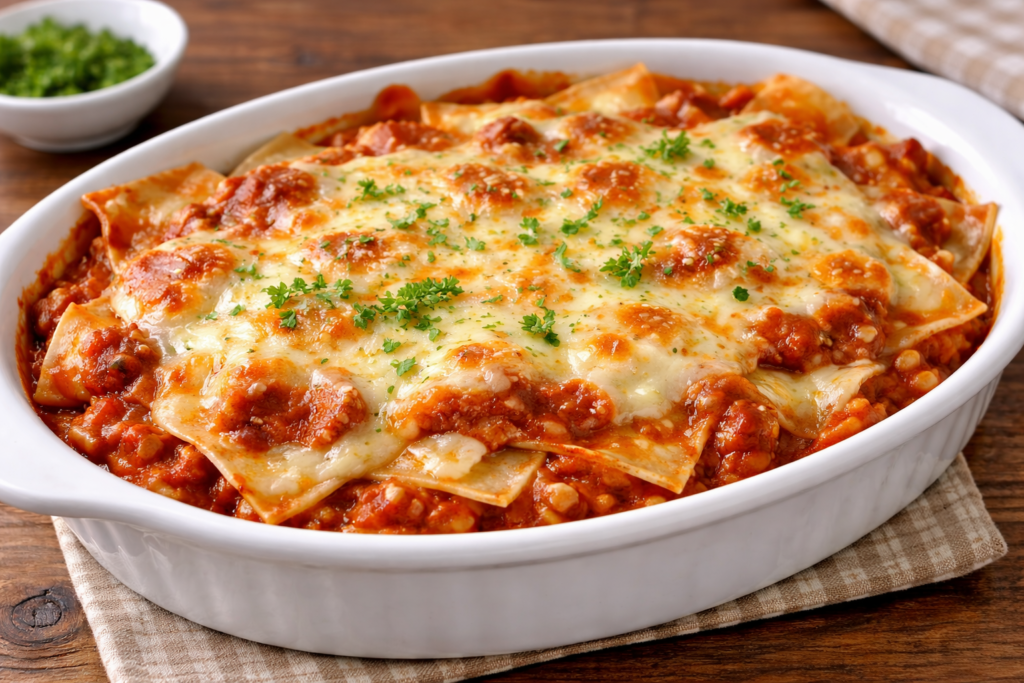 餃子の皮の余りをラザニアシート代わりに使った、グラタン皿のラザニア風料理