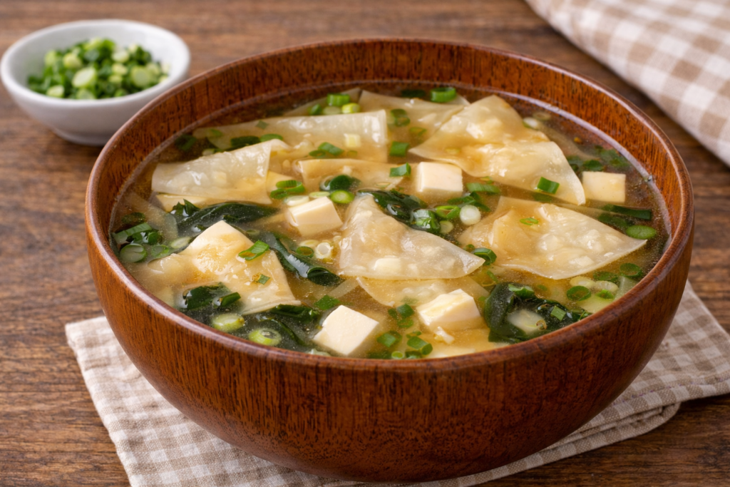 餃子の皮の余りを具として加えた味噌汁で、すいとん風に仕上げた一杯