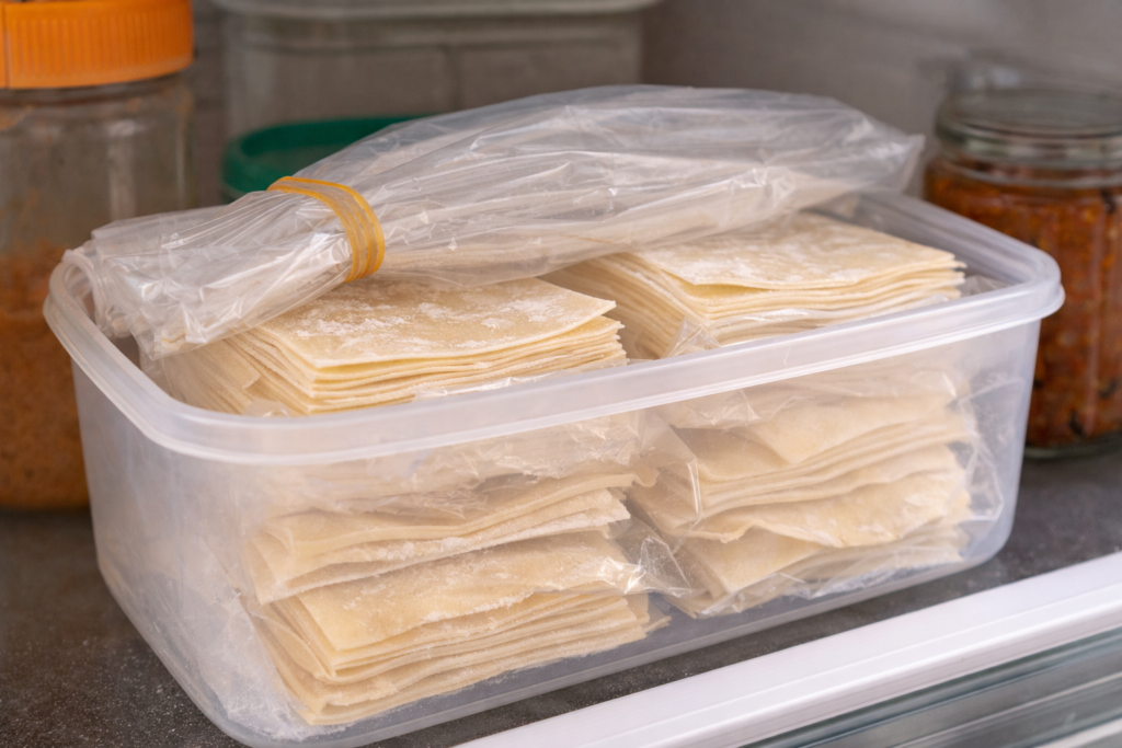 餃子の皮の余りをラップと保存容器で密閉し、冷蔵庫で保存している様子