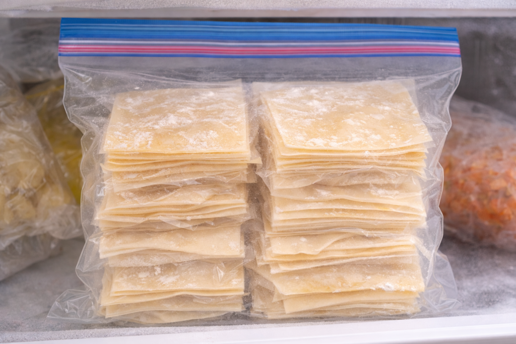 餃子の皮の余りを小分けにしてジッパー袋に入れ、冷凍庫で保存している状態