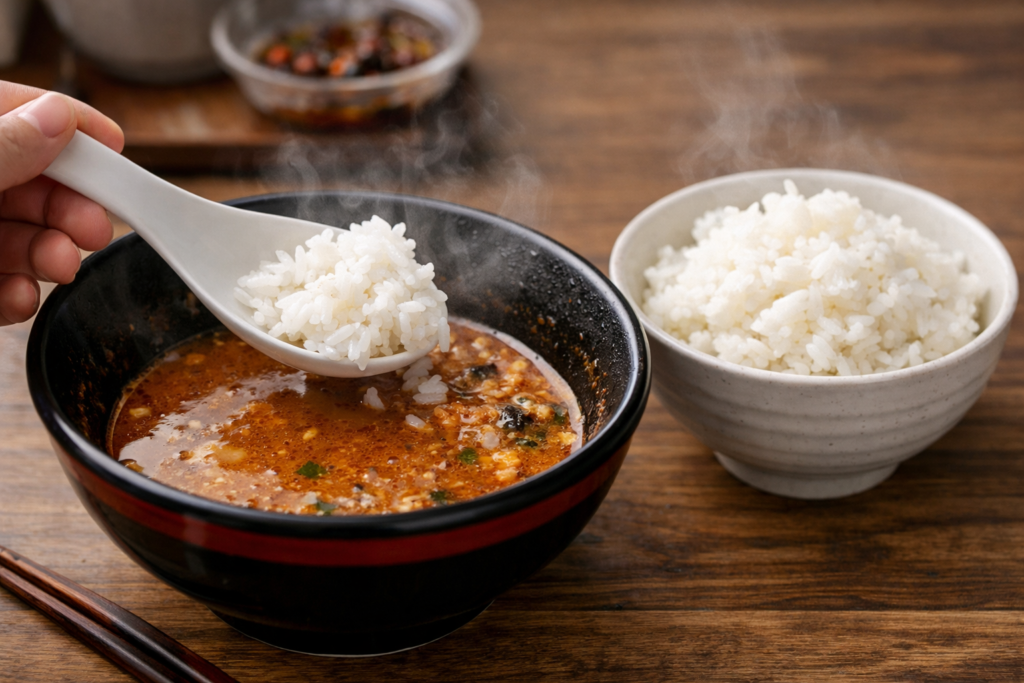 担々麺の残り汁に白ごはんを入れて雑炊風にリメイクしている様子