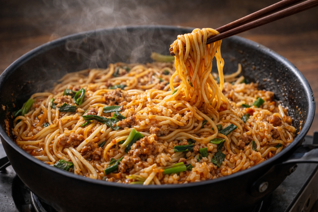 担々麺の残り汁を使って麺を炒めた担々焼きそば風アレンジ
