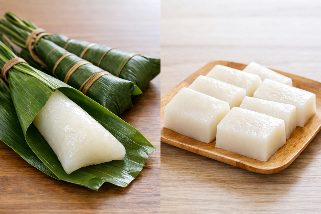 ちまきと、カットされたういろうを並べて比較した横長構図の写真。笹の葉に包まれたちまきと、白く半透明のういろうの質感の違いが分かる。