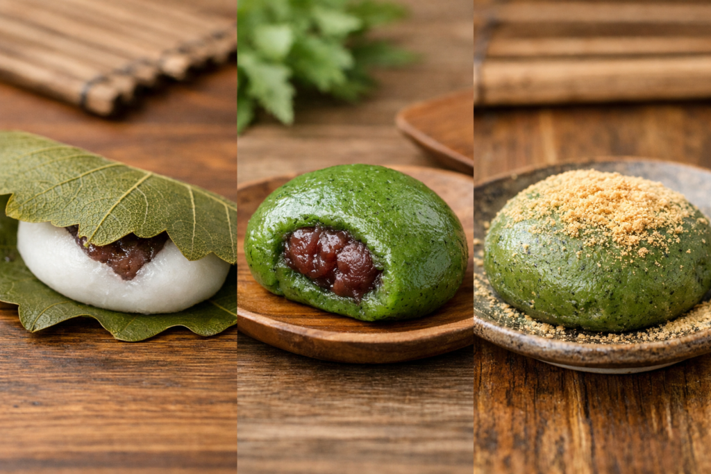柏餅・よもぎ餅・草餅を横並びで比較した和菓子の写真（左：柏餅／中央：よもぎ餅／右：草餅）