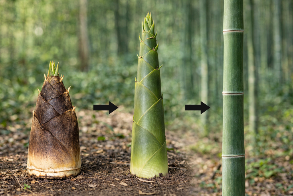 モウソウチクのたけのこから竹へ成長する3段階を矢印で示した横長イメージ
