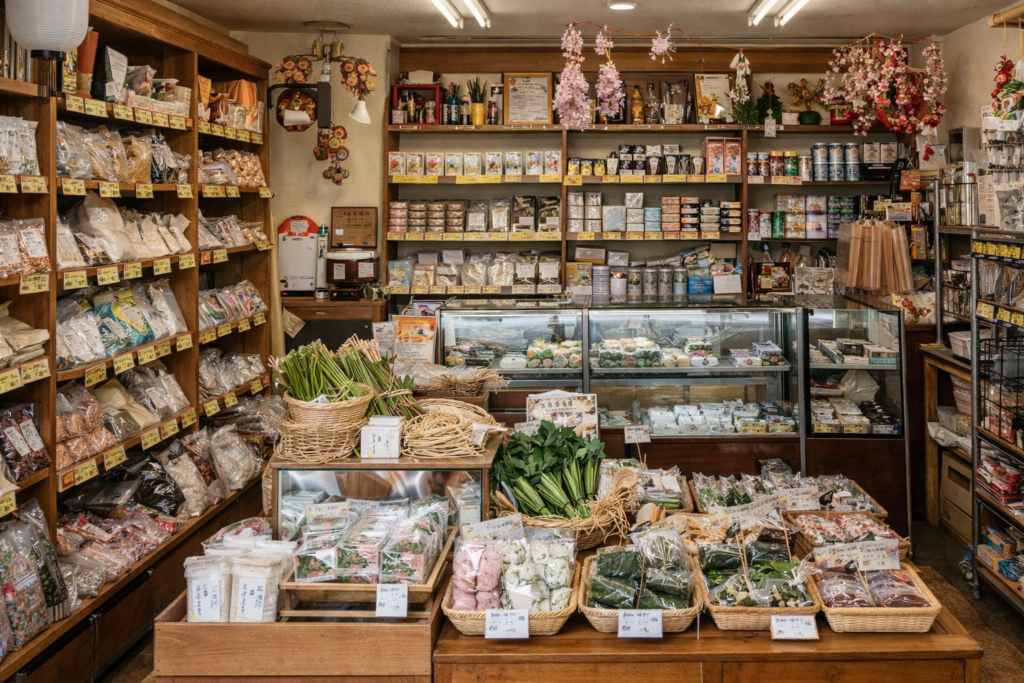 和菓子材料店の店内に並ぶ笹の葉や製菓材料の売り場風景